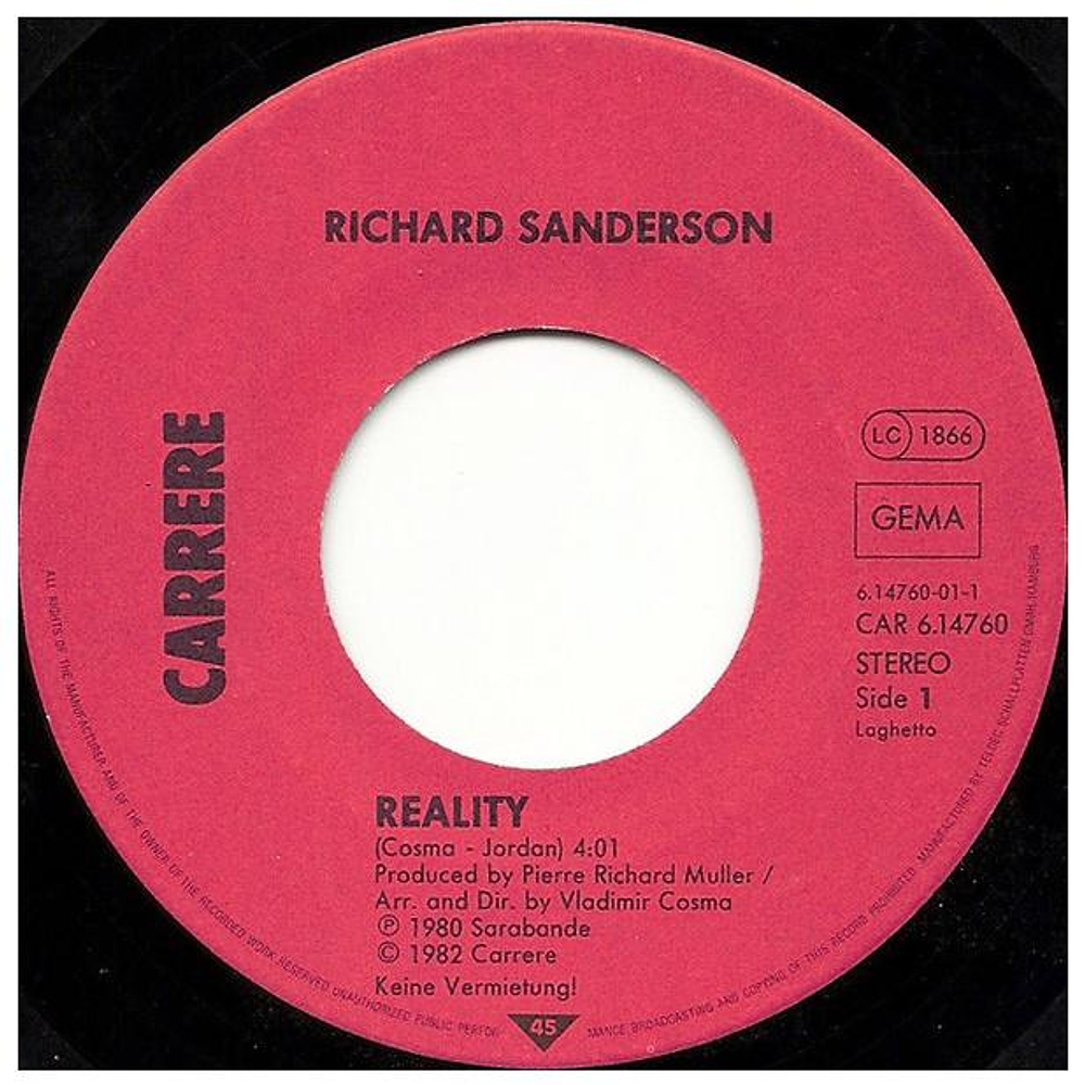 RICHARD SANDERSON - REALITY | 7'' SINGLE VINILO USADO