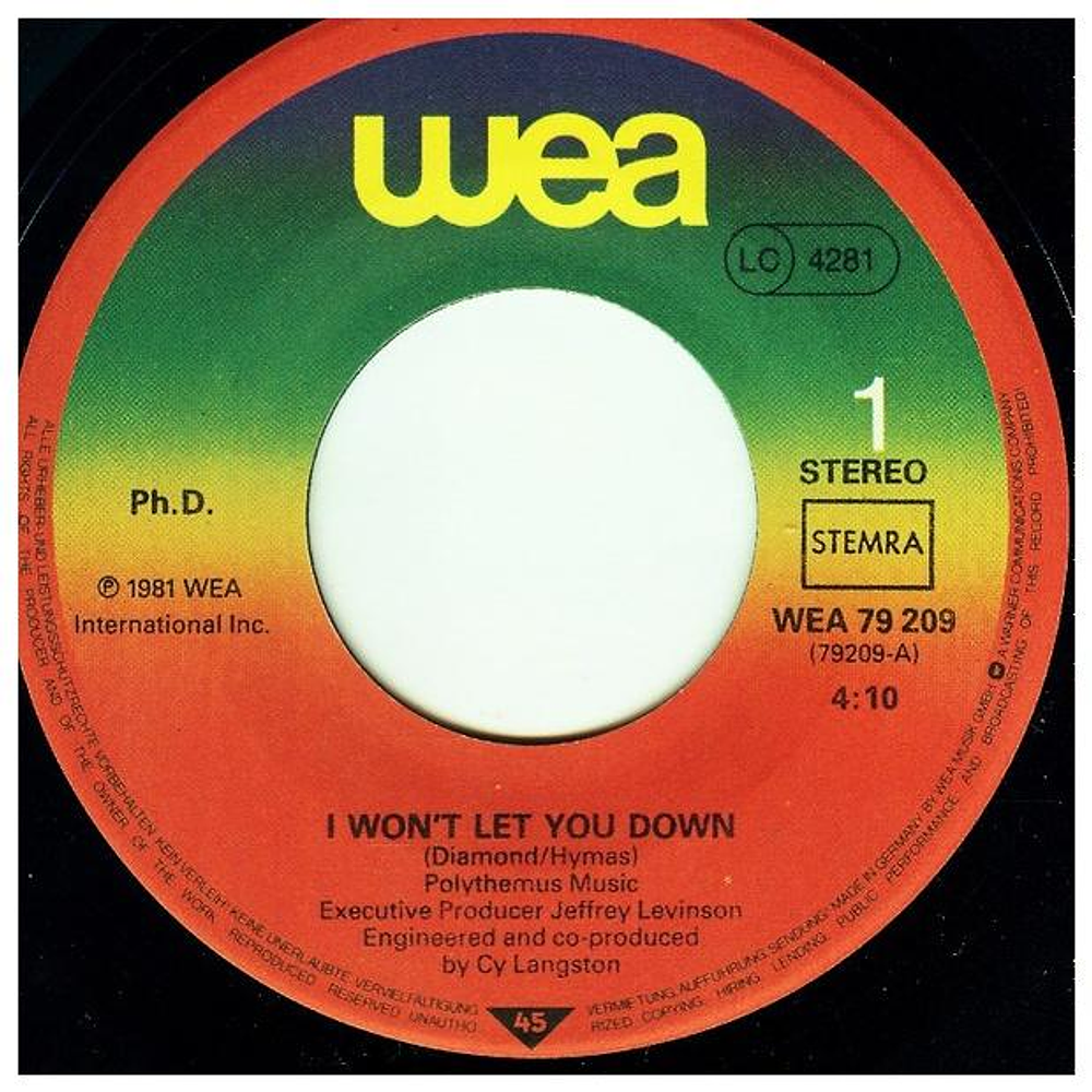 PH.D. - I WON'T LET YOU DOWN | 7'' SINGLE VINILO USADO