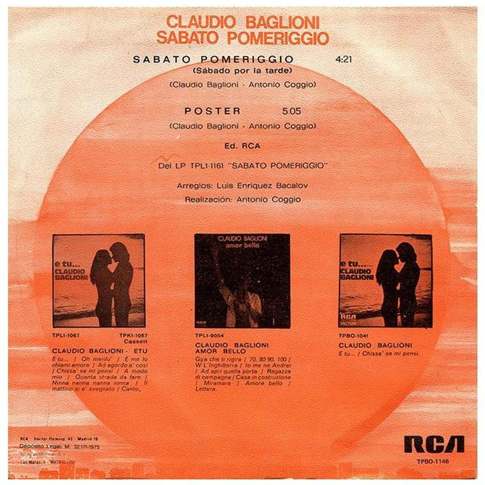 CLAUDIO BAGLIONI - SABATO POMERIGGIO | 7'' SINGLE VINILO USADO