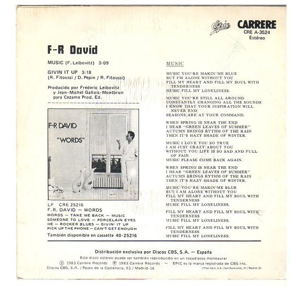 F.R. DAVID - MUSIC | 7'' SINGLE VINILO USADO