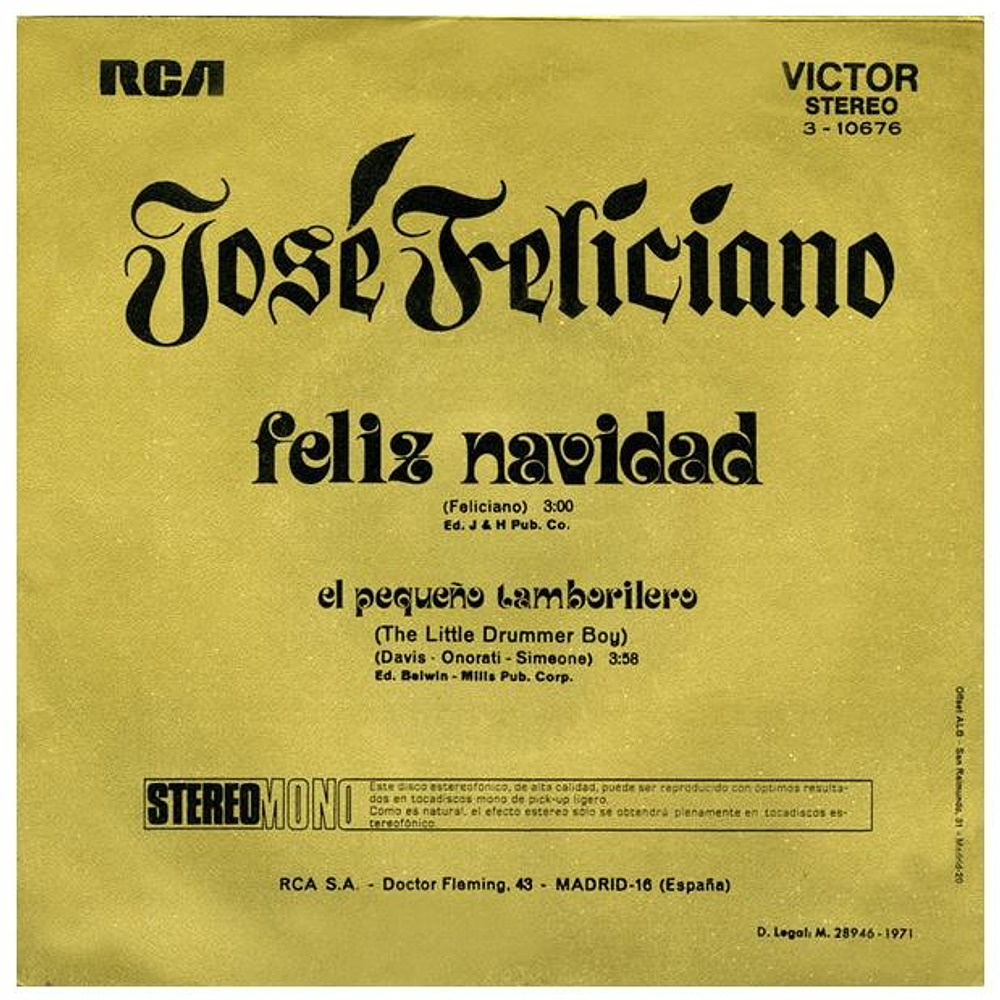 JOSE FELICIANO - FELIZ NAVIDAD | 7'' SINGLE VINILO USADO