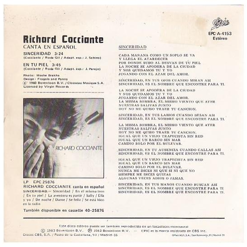 RICHARD COCCIANTE - SINCERIDAD (EN ESPAÑOL) | 7'' SINGLE VINILO USADO