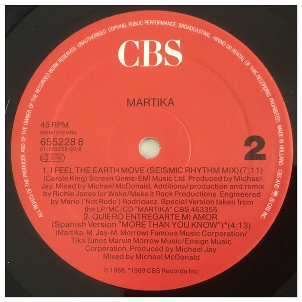 MARTIKA - I FEEL THE EARTH MOVE | 12" MAXI SINGLE VINILO USADO