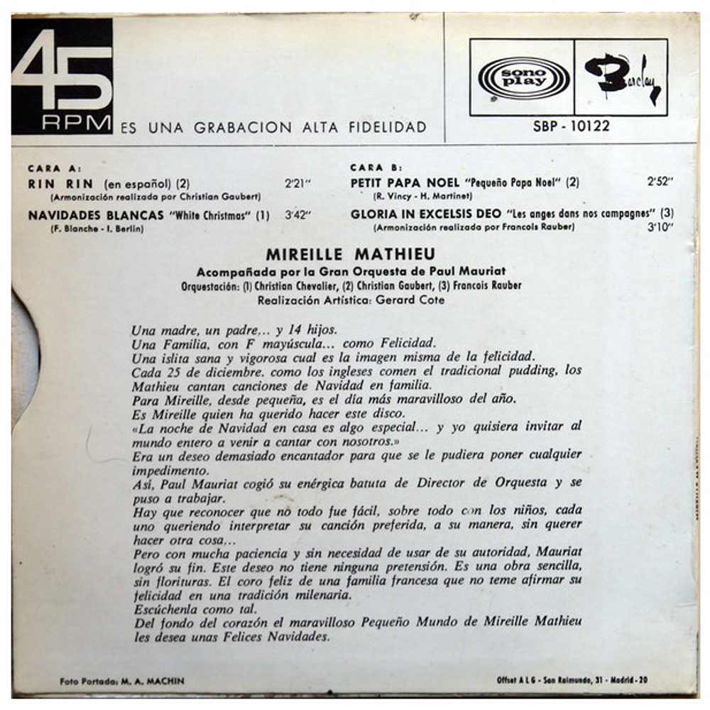 MIREILLE MATHIEU - RIN RIN (CANTA EN ESPAÑOL) | 7" SINGLE USADO