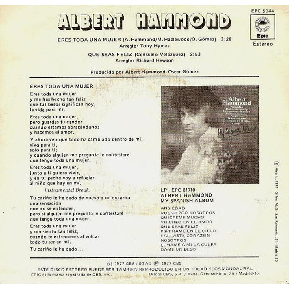 ALBERT HAMMOND - ERES TODA UNA MUJER | 7" SINGLE USADO