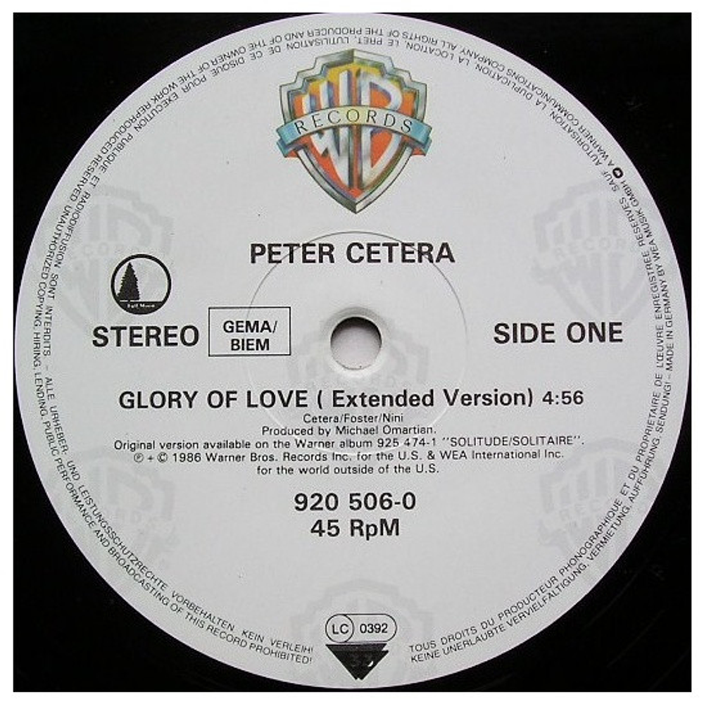 PETER CETERA - GLORY OF LOVE (Extended Version) | 12" MAXI SINGLE VINILO USADO