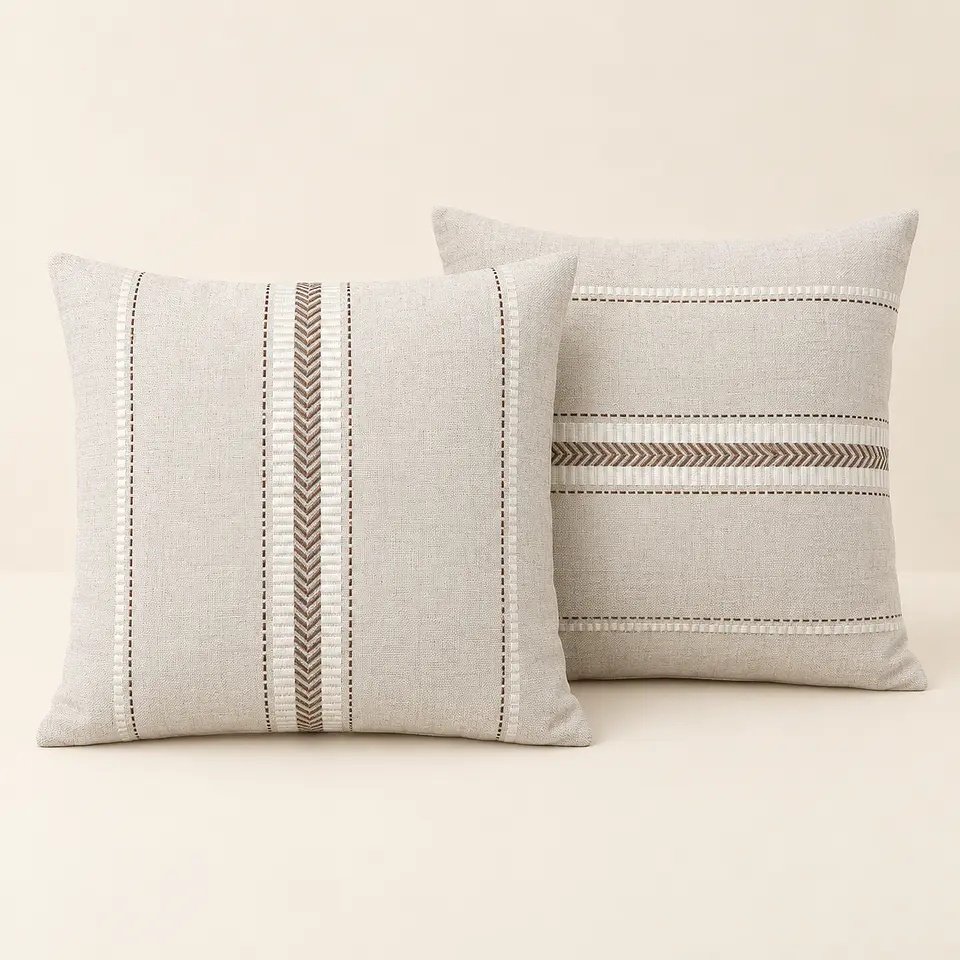 Conjunto de 2 Almofadas Bege com Bordado Geométrico (45 × 45 cm) 1