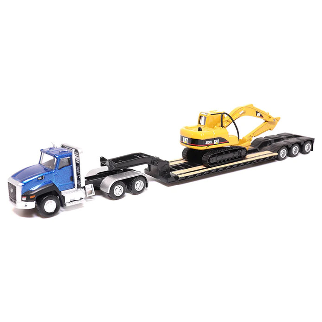 Tractor con cabina diurna Cat CT 660 y remolque de plataforma baja, escala HO 1:87, Masters 84415, excavadora 315C L 1
