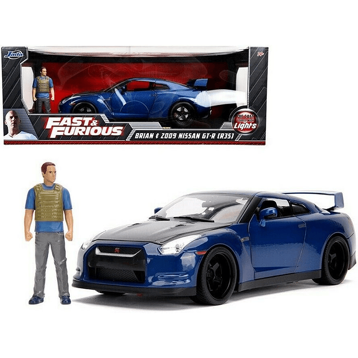 Carro Colección   Nissan GTR 2009 de Brian con figura de Brian y luces de trabajo, Rápido y Furioso - Jada Toys 31142 - Modelo de coche de juguete a escala 1/18 1
