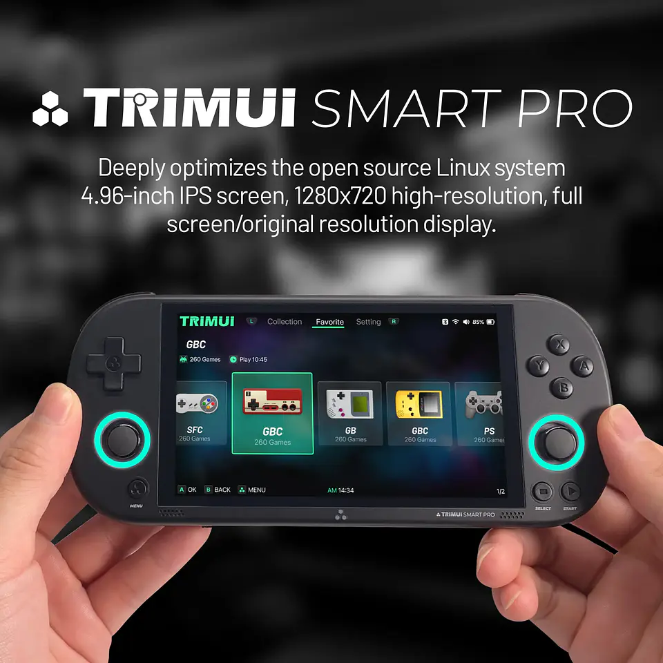 TRIMUI SMART PRO Consola Portátil Retro de Código Abierto Linux con Pantalla IPS de 4.96 Pulgadas, Joystick Hall, Luz Ambiental RGB, Emulador, Regalo 14