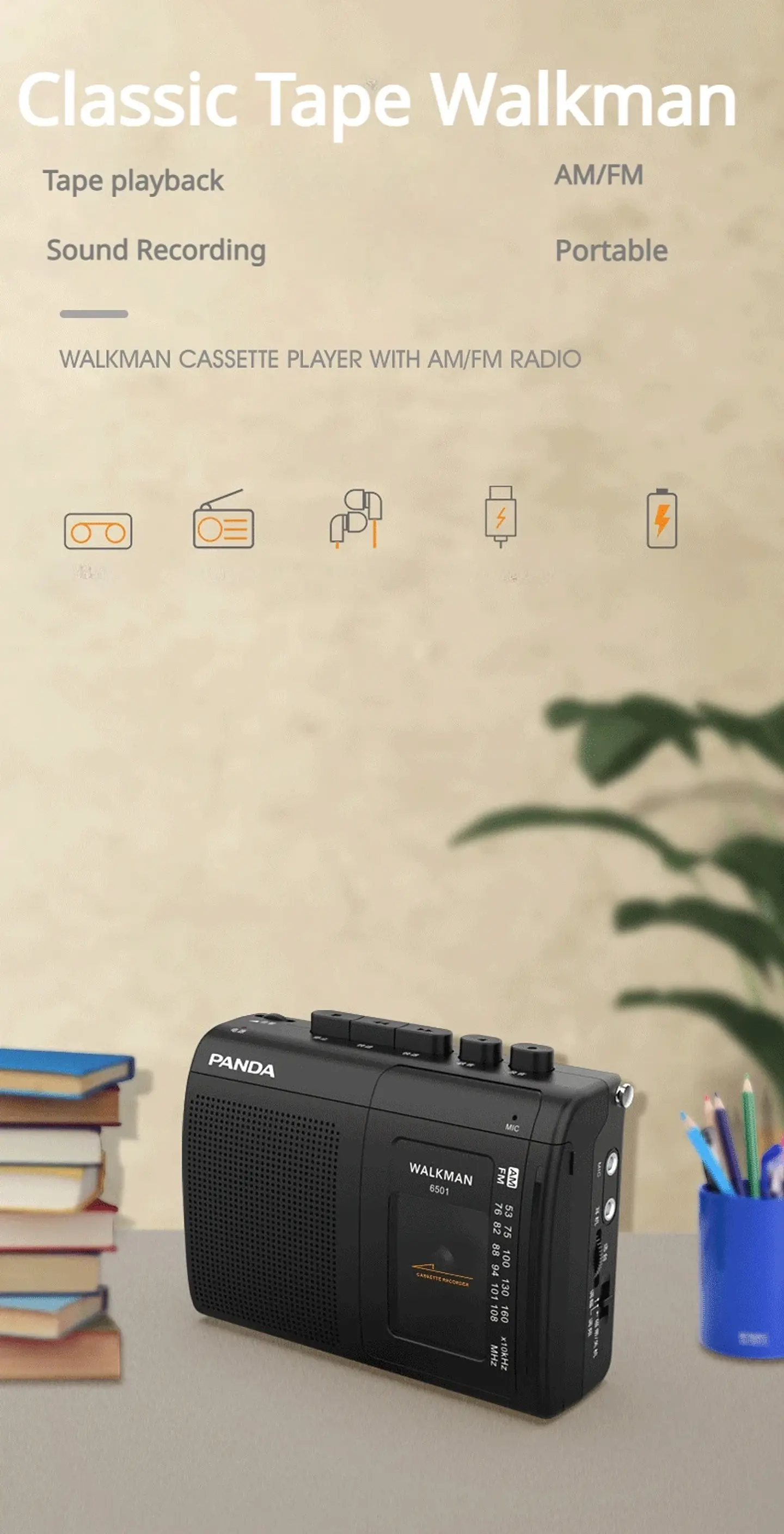 Reproductor de casete portátil con soporte retro Walkman para escucha AM/FM y grabación de música. 7