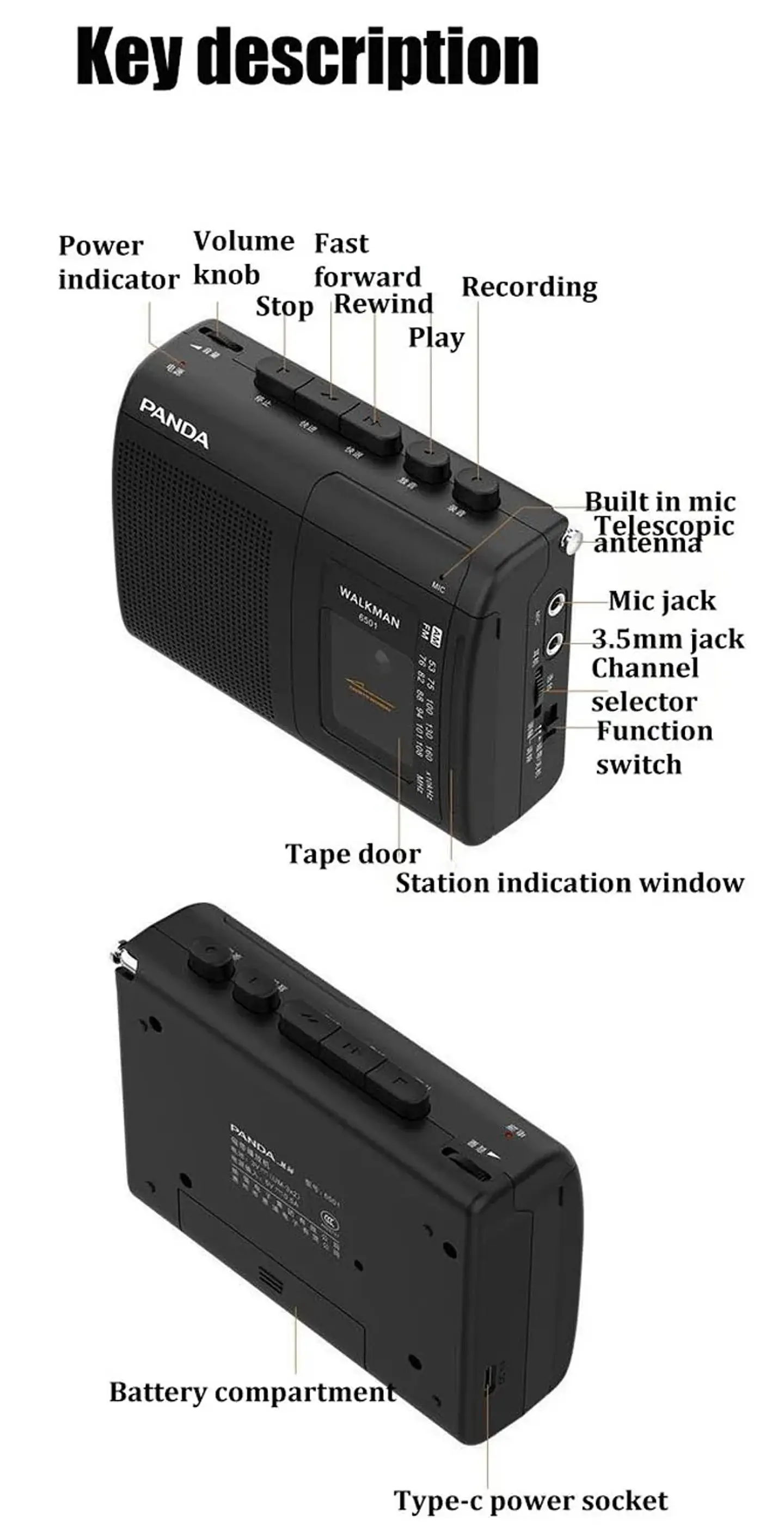 Reproductor de casete portátil con soporte retro Walkman para escucha AM/FM y grabación de música. 10