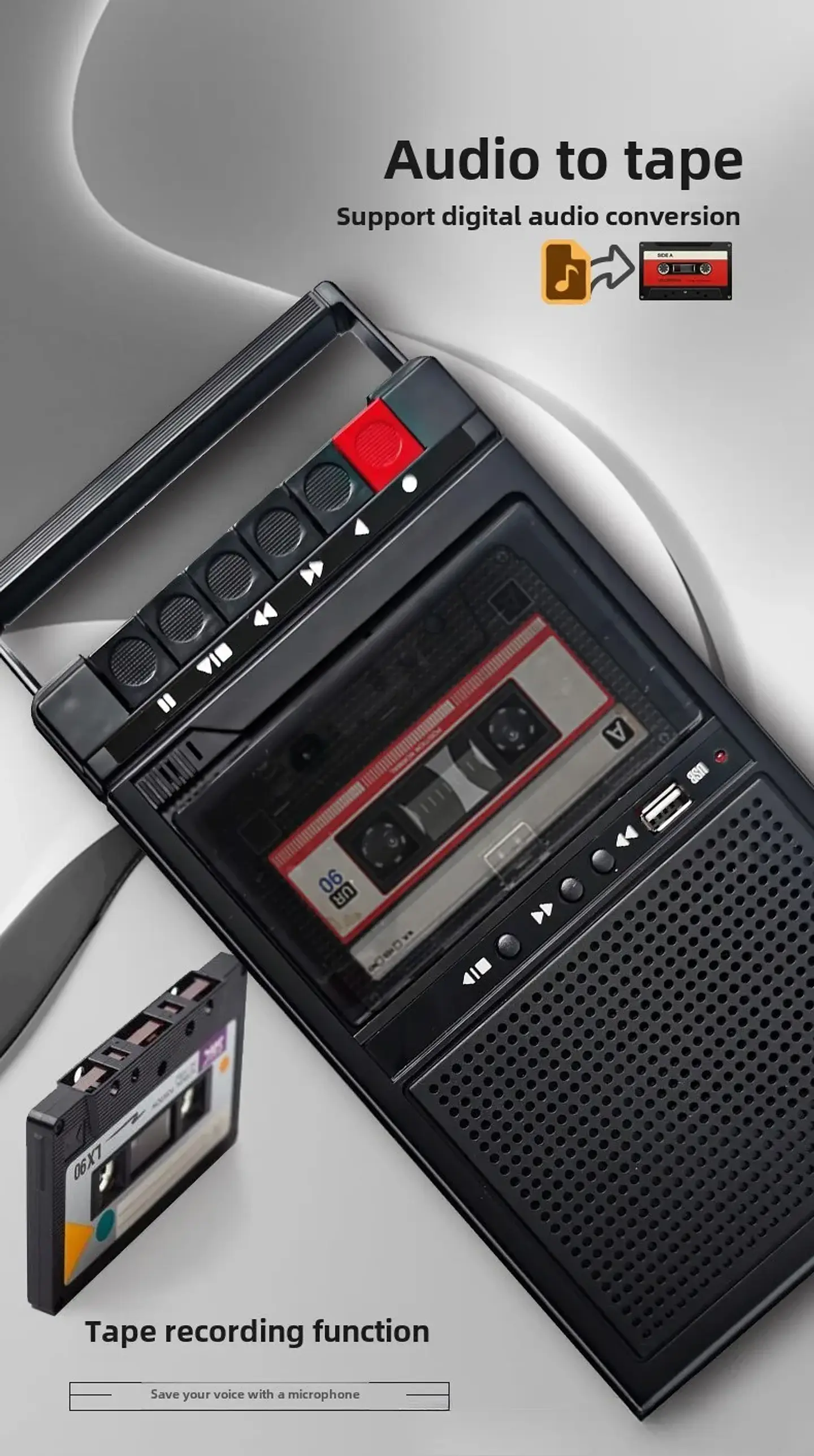 Reproductor de Casetes Portátil con Reproducción por USB y Grabador de Casetes Externo Integrado. 10