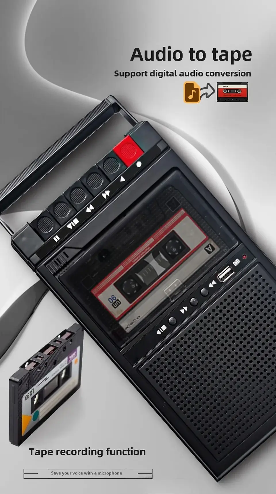 Reproductor de Casetes Portátil con Reproducción por USB y Grabador de Casetes Externo Integrado. 10