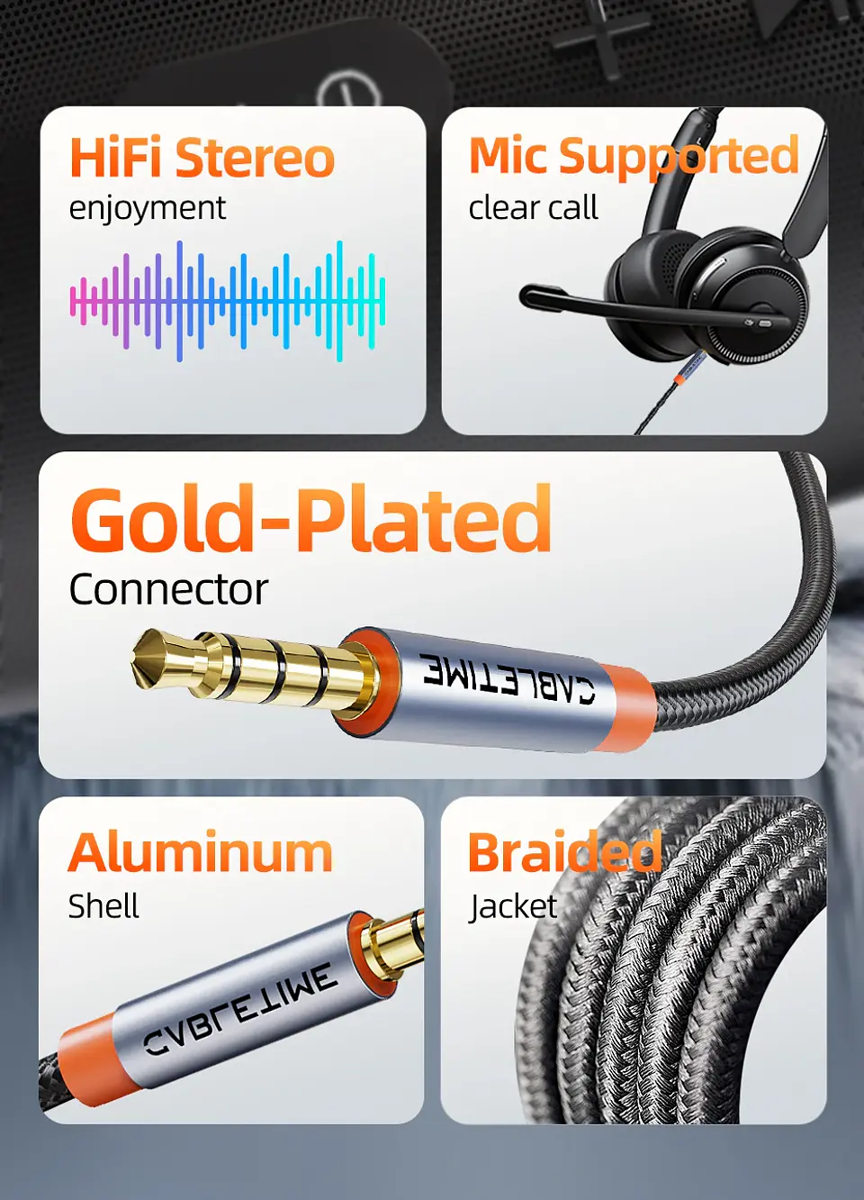 Cable de Audio de 4 polos de 3,5mm TRRS Cable auxiliar de 4 conductores para teléfono auriculares micrófono HIFI 8