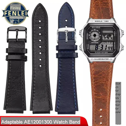Correa de reloj Retro de cuero genuino para Casio AE1200 AE1300 A158W/A168 W-216H, correa de reloj Vintage, pulsera de boca convexa para hombre de 18MM
