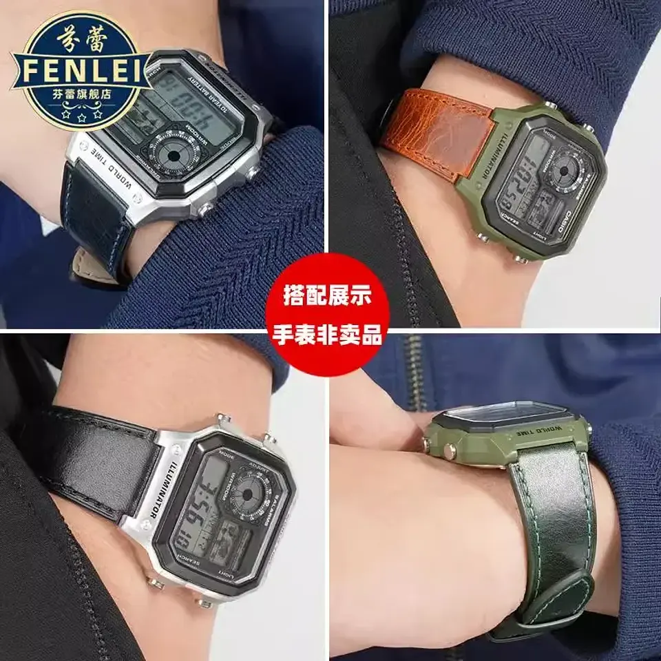 Correa de reloj Retro de cuero genuino para Casio AE1200 AE1300 A158W/A168 W-216H, correa de reloj Vintage, pulsera de boca convexa para hombre de 18MM 2