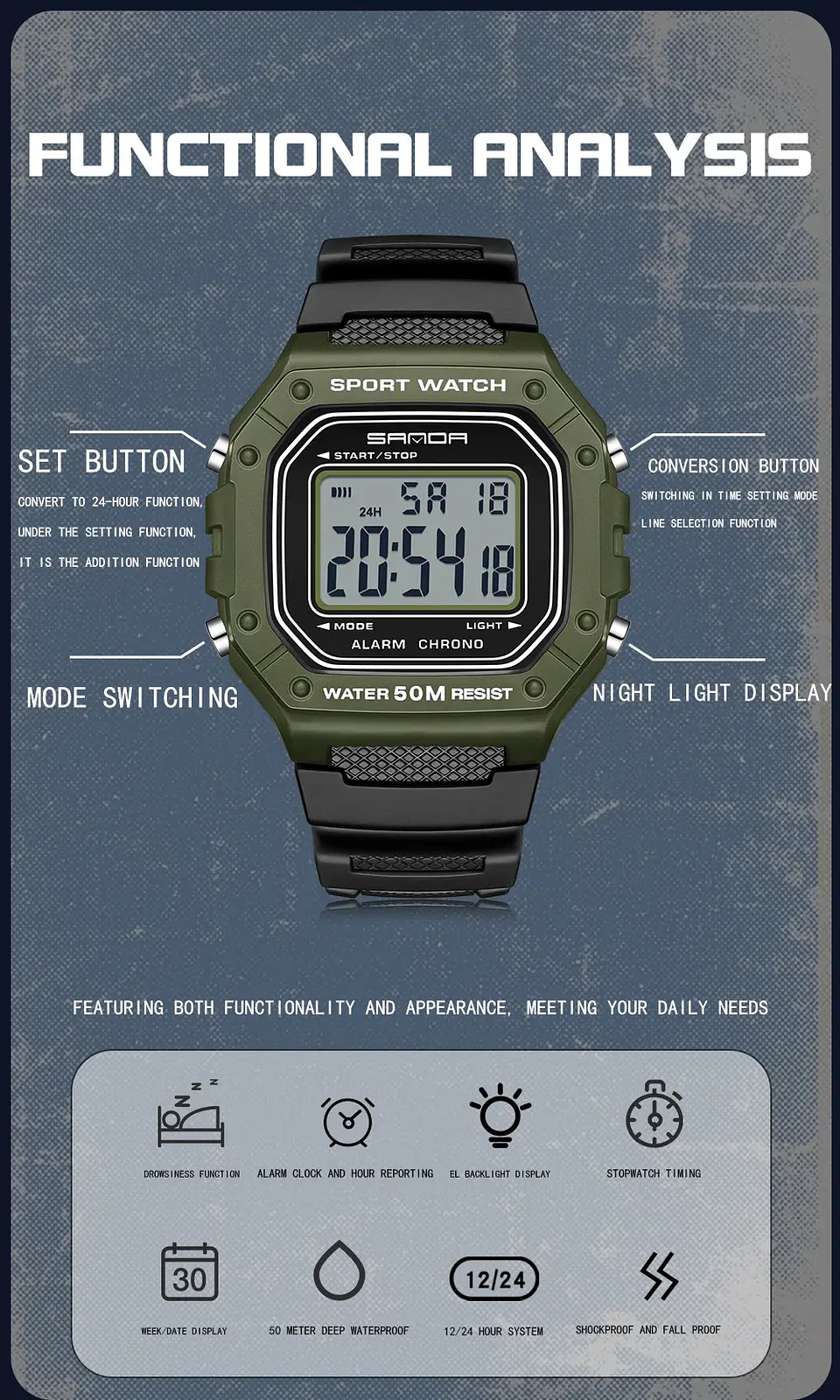 SANDA 2156 reloj de moda para hombre, relojes deportivos militares resistentes al agua, relojes de pulsera digitales Led con esfera grande del ejército, cronómetros para hombre 4