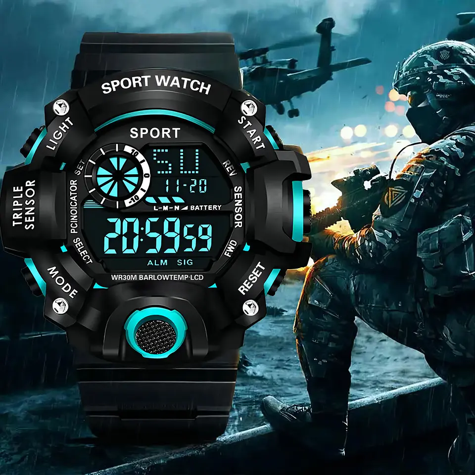 Reloj de pulsera electrónico deportivo a la moda para hombre, Esfera Grande, multifuncional, resistente al agua, alarma luminosa, reloj militar para niños y hombres 1