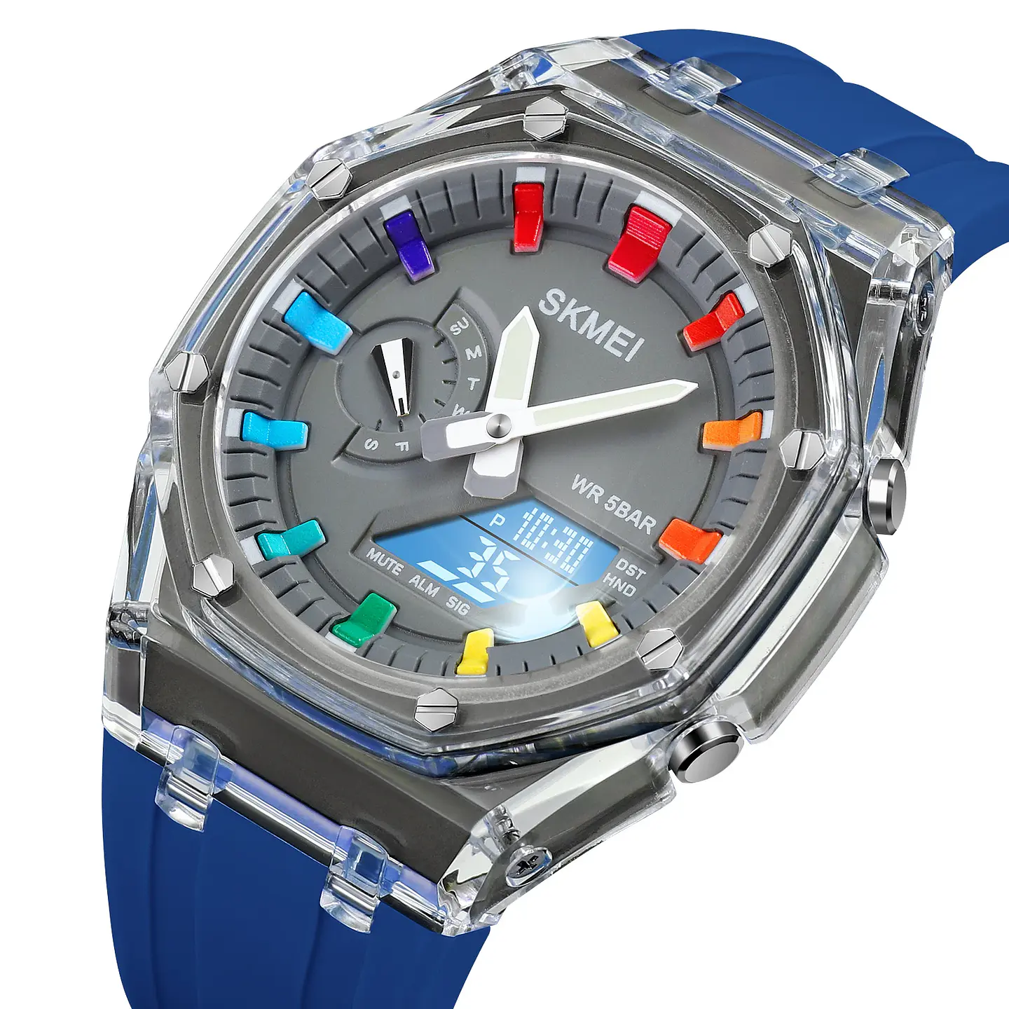 Reloj SKMEI 2100 resistente al agua para hombre, cronómetro de cuenta atrás, luz Led, reloj de pulsera con movimiento electrónico, reloj despertador de 5 horas, relojes digitales 1