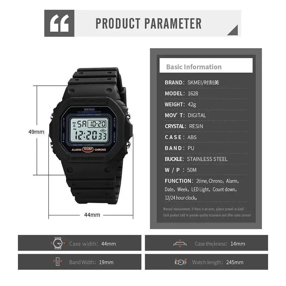 SKMEI 1628 relojes digitales de lujo para Hombre, relojes de pulsera electrónicos deportivos impermeables para Hombre, Reloj con luz trasera militar, Reloj 1988 para Hombre 6