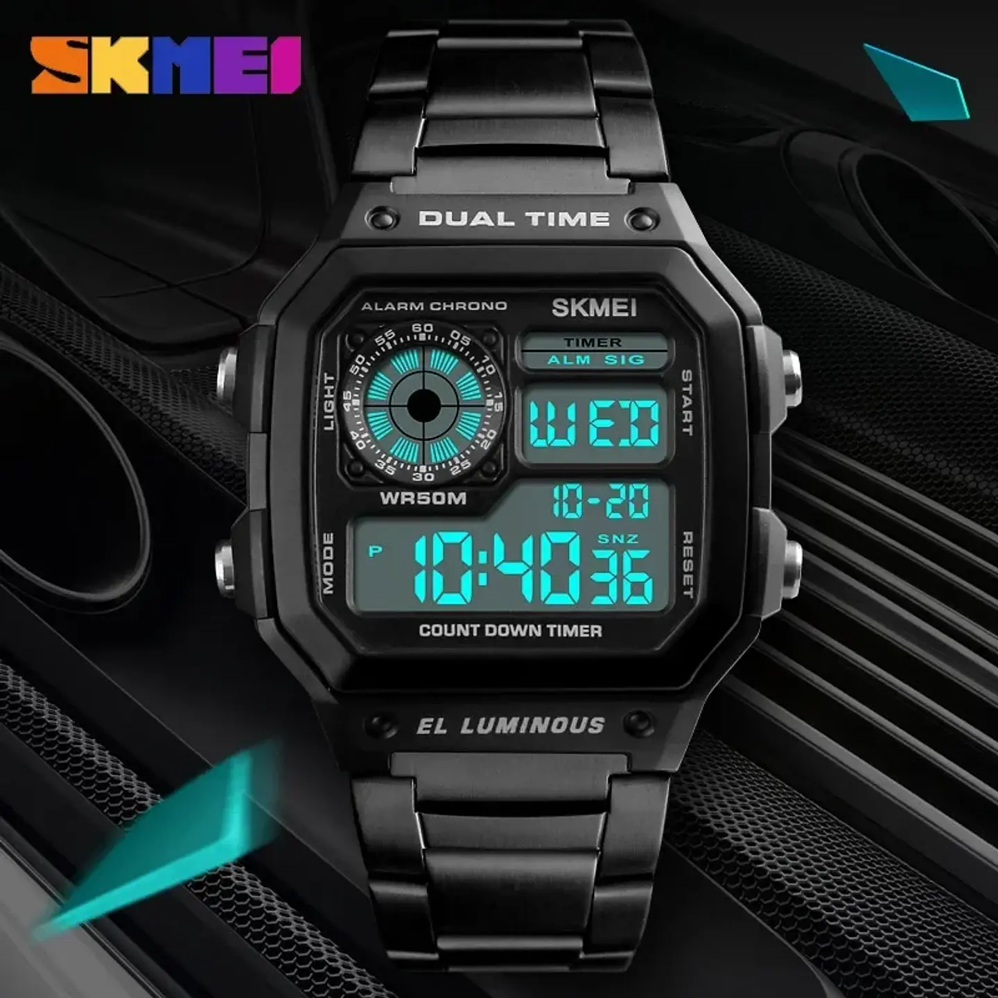 Reloj Digital SKMEI 1335 para Hombre, relojes de pulsera electrónicos cronógrafo impermeables deportivos Retro para Hombre, Reloj de acero inoxidable para Hombre 5