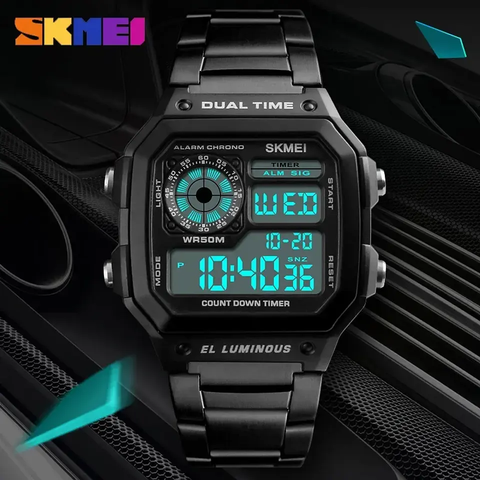 Reloj Digital SKMEI 1335 para Hombre, relojes de pulsera electrónicos cronógrafo impermeables deportivos Retro para Hombre, Reloj de acero inoxidable para Hombre 5