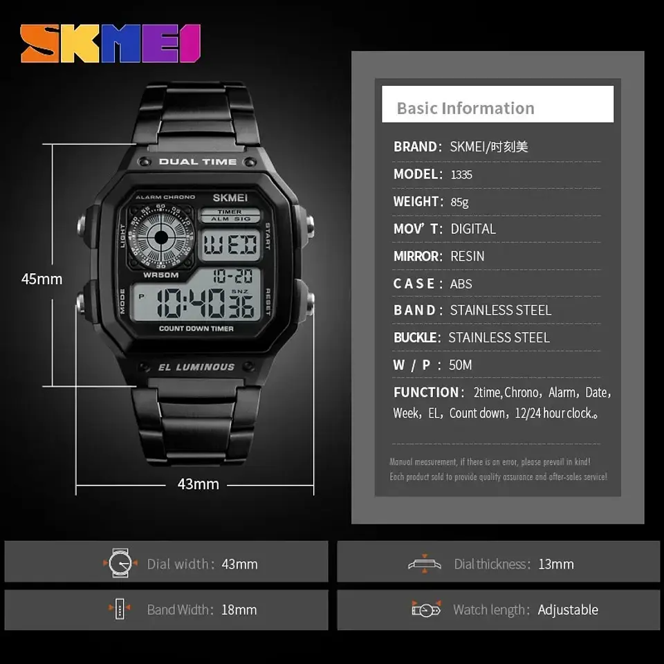 Reloj Digital SKMEI 1335 para Hombre, relojes de pulsera electrónicos cronógrafo impermeables deportivos Retro para Hombre, Reloj de acero inoxidable para Hombre 6