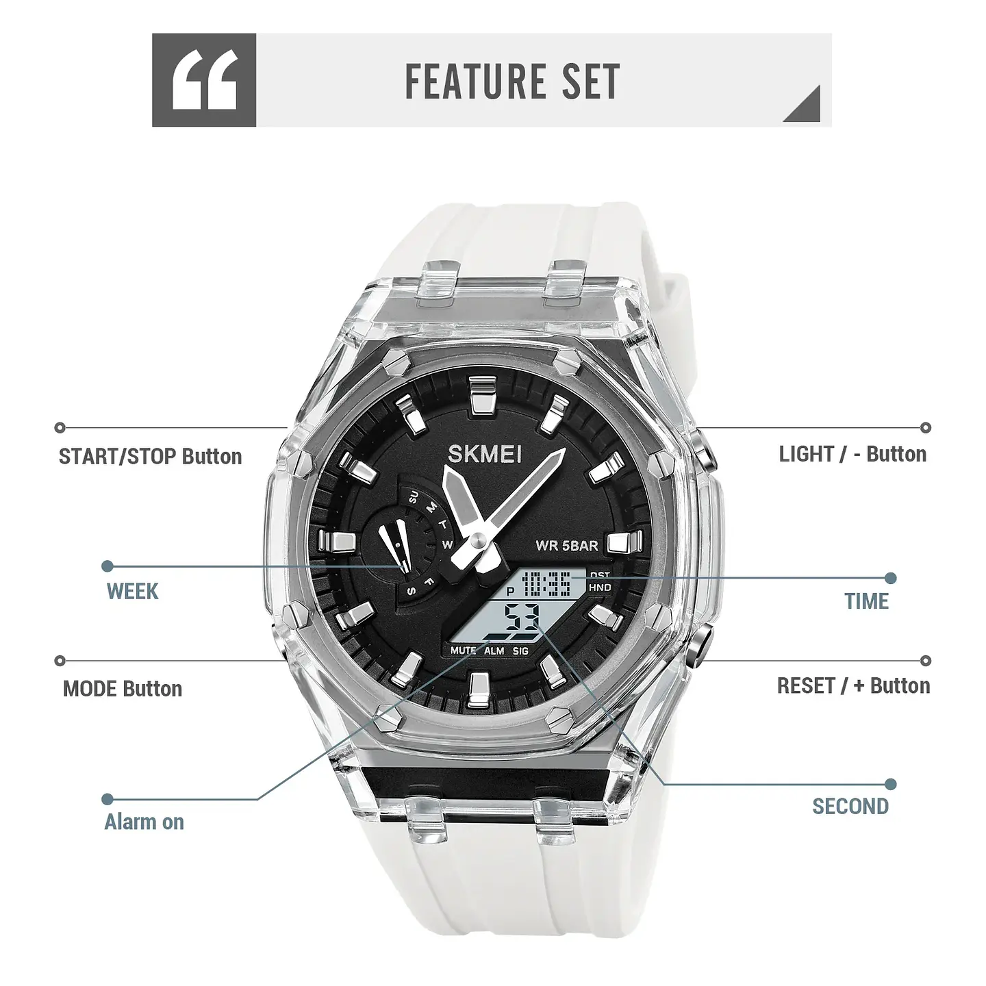 Reloj SKMEI 2100 resistente al agua para hombre, cronómetro de cuenta atrás, luz Led, reloj de pulsera con movimiento electrónico, reloj despertador de 5 horas, relojes digitales 5