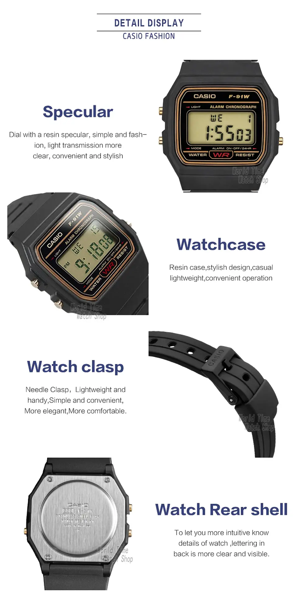 Casio  F-91WG-9 Reloj cuadrado pequeño y versátil Diseño retro cómodo. 10