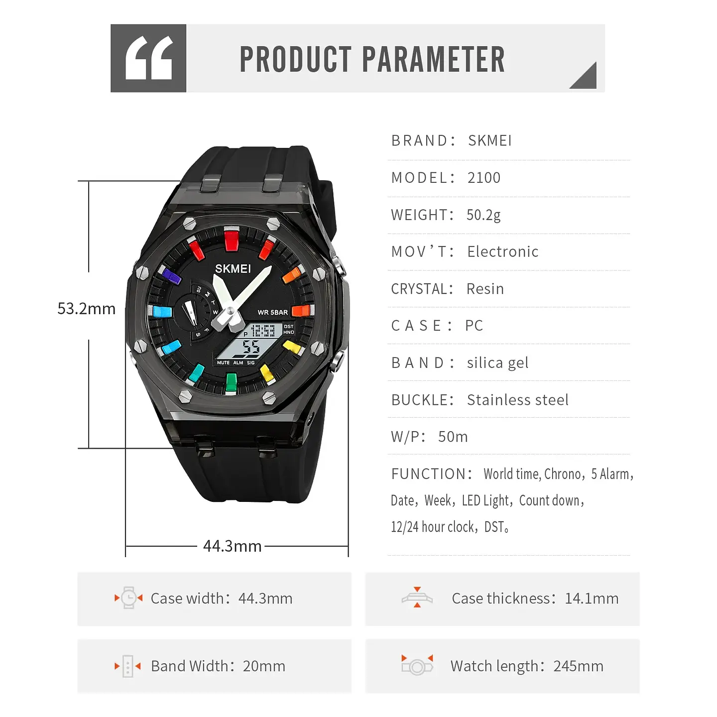 Reloj SKMEI 2100 resistente al agua para hombre, cronómetro de cuenta atrás, luz Led, reloj de pulsera con movimiento electrónico, reloj despertador de 5 horas, relojes digitales 6