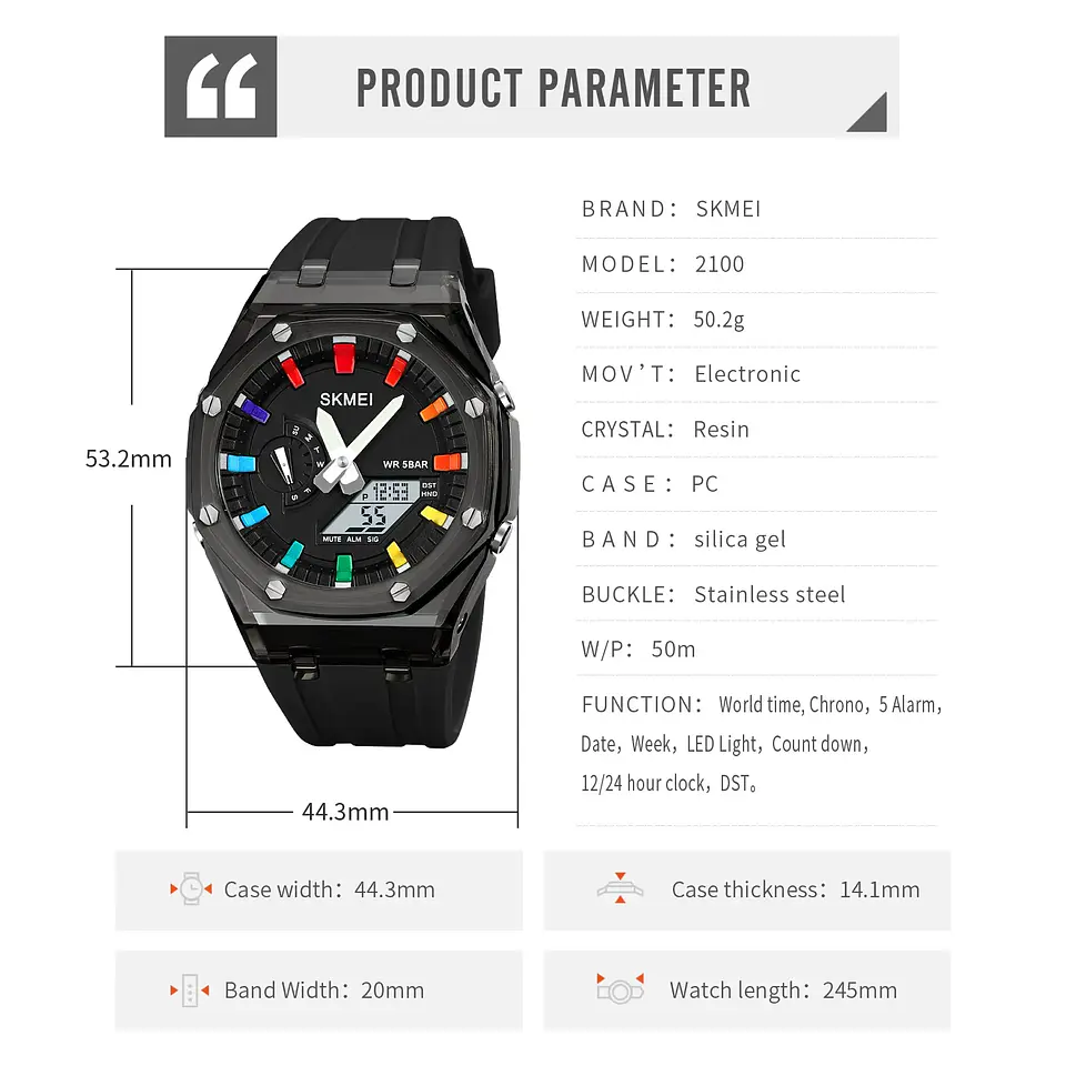 Reloj SKMEI 2100 resistente al agua para hombre, cronómetro de cuenta atrás, luz Led, reloj de pulsera con movimiento electrónico, reloj despertador de 5 horas, relojes digitales 6