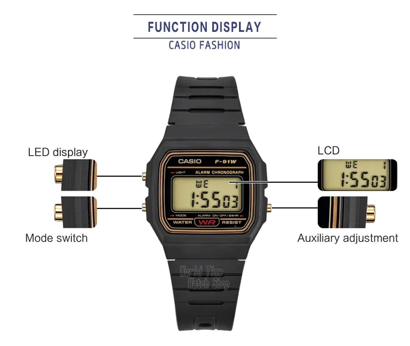 Casio  F-91WG-9 Reloj cuadrado pequeño y versátil Diseño retro cómodo. 11
