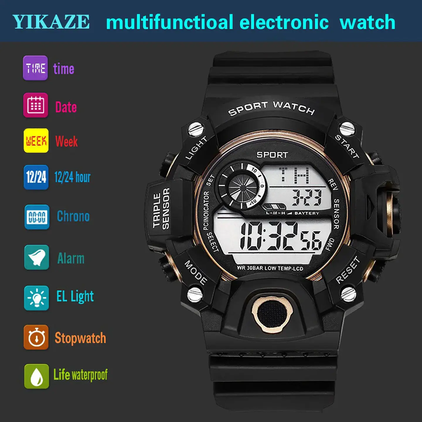 Reloj de pulsera electrónico deportivo a la moda para hombre, Esfera Grande, multifuncional, resistente al agua, alarma luminosa, reloj militar para niños y hombres 6
