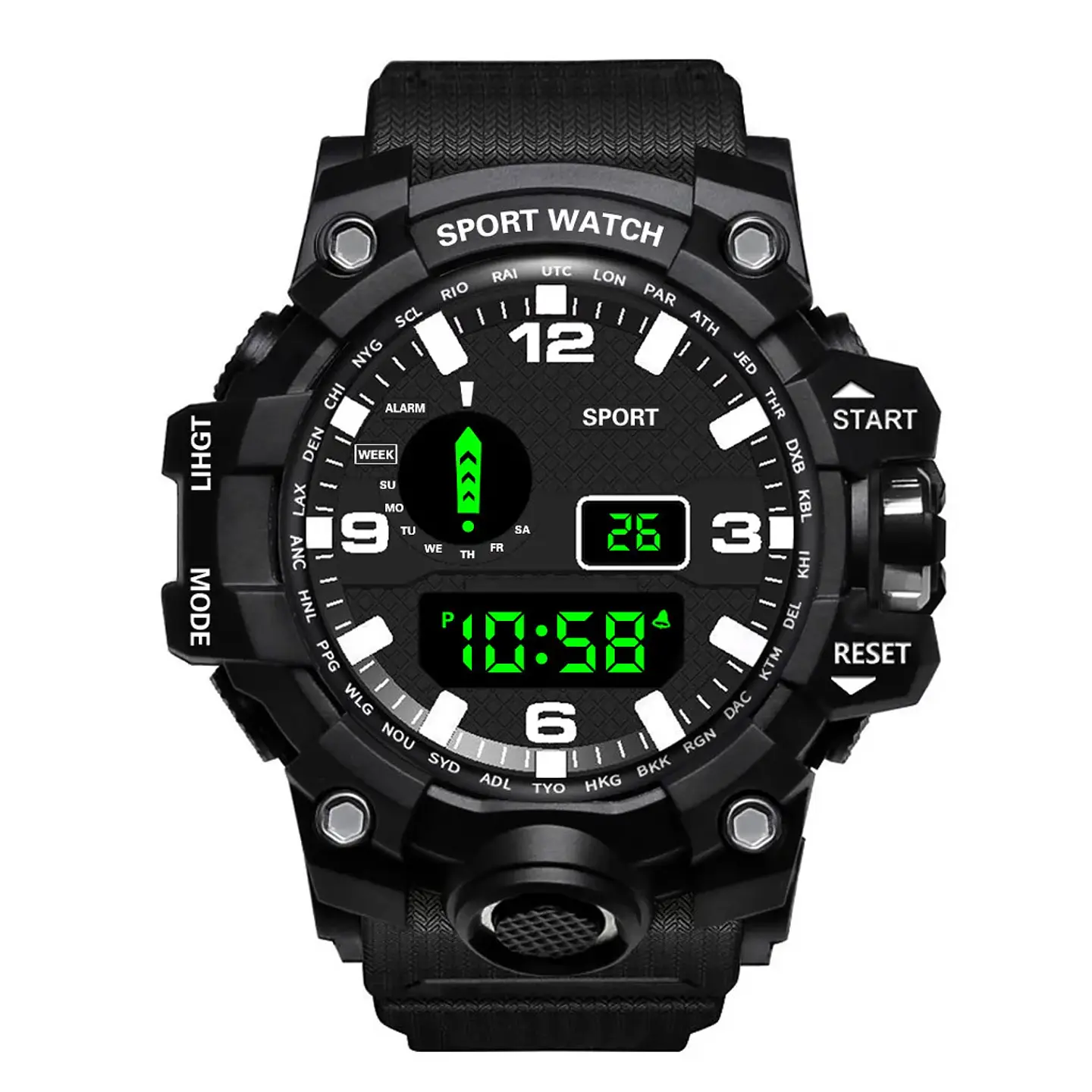 Reloj de pulsera electrónico deportivo a la moda para hombre, Esfera Grande, multifuncional, resistente al agua, alarma luminosa, reloj militar para niños y hombres 8