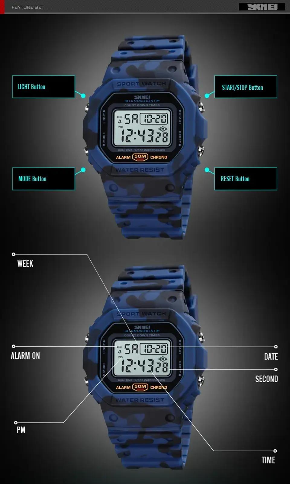 SKMEI 1628 relojes digitales de lujo para Hombre, relojes de pulsera electrónicos deportivos impermeables para Hombre, Reloj con luz trasera militar, Reloj 1988 para Hombre 21