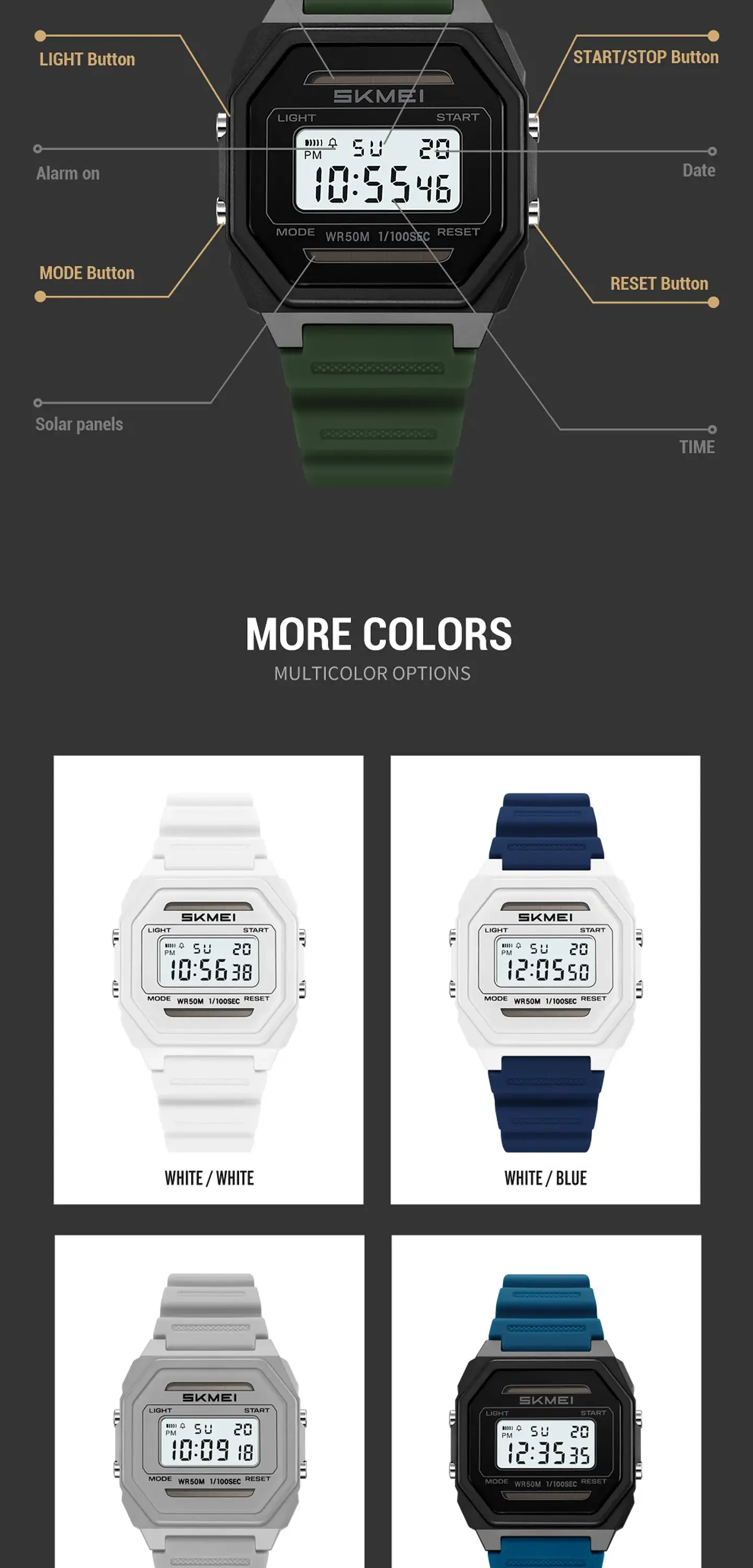 Relojes SKMEI 2640 digitales con energía Solar para hombres y mujeres, relojes deportivos impermeables electrónicos para hombre, Reloj militar para niño, Reloj para Hombre 16