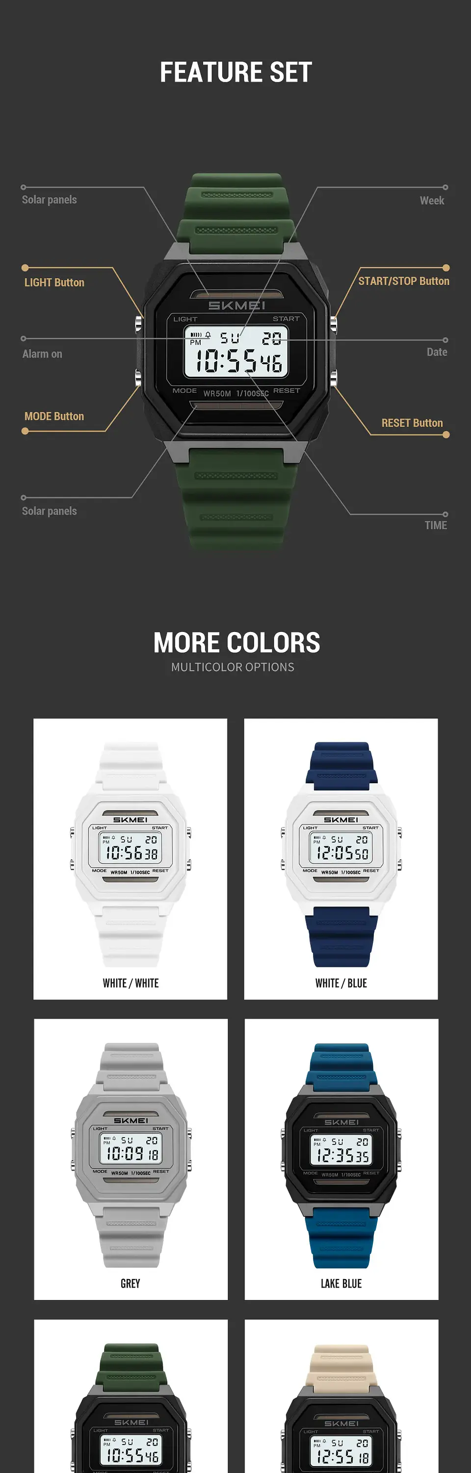 Relojes SKMEI 2640 digitales con energía Solar para hombres y mujeres, relojes deportivos impermeables electrónicos para hombre, Reloj militar para niño, Reloj para Hombre 16