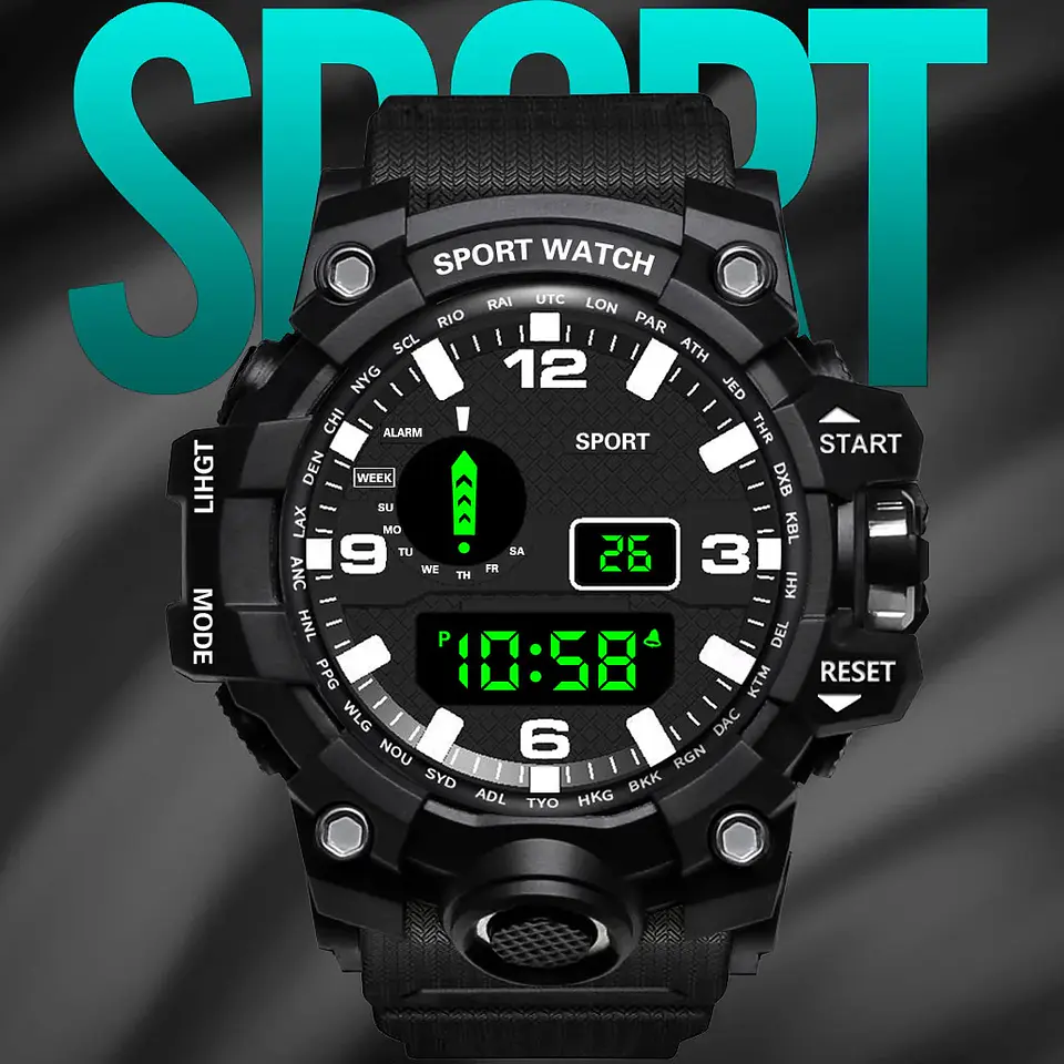 Reloj de pulsera electrónico deportivo a la moda para hombre, Esfera Grande, multifuncional, resistente al agua, alarma luminosa, reloj militar para niños y hombres 15