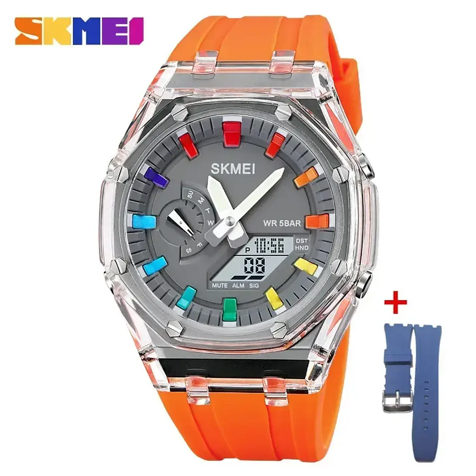 Reloj SKMEI 2100 resistente al agua para hombre, cronómetro de cuenta atrás, luz Led, reloj de pulsera con movimiento electrónico, reloj despertador de 5 horas, relojes digitales 12