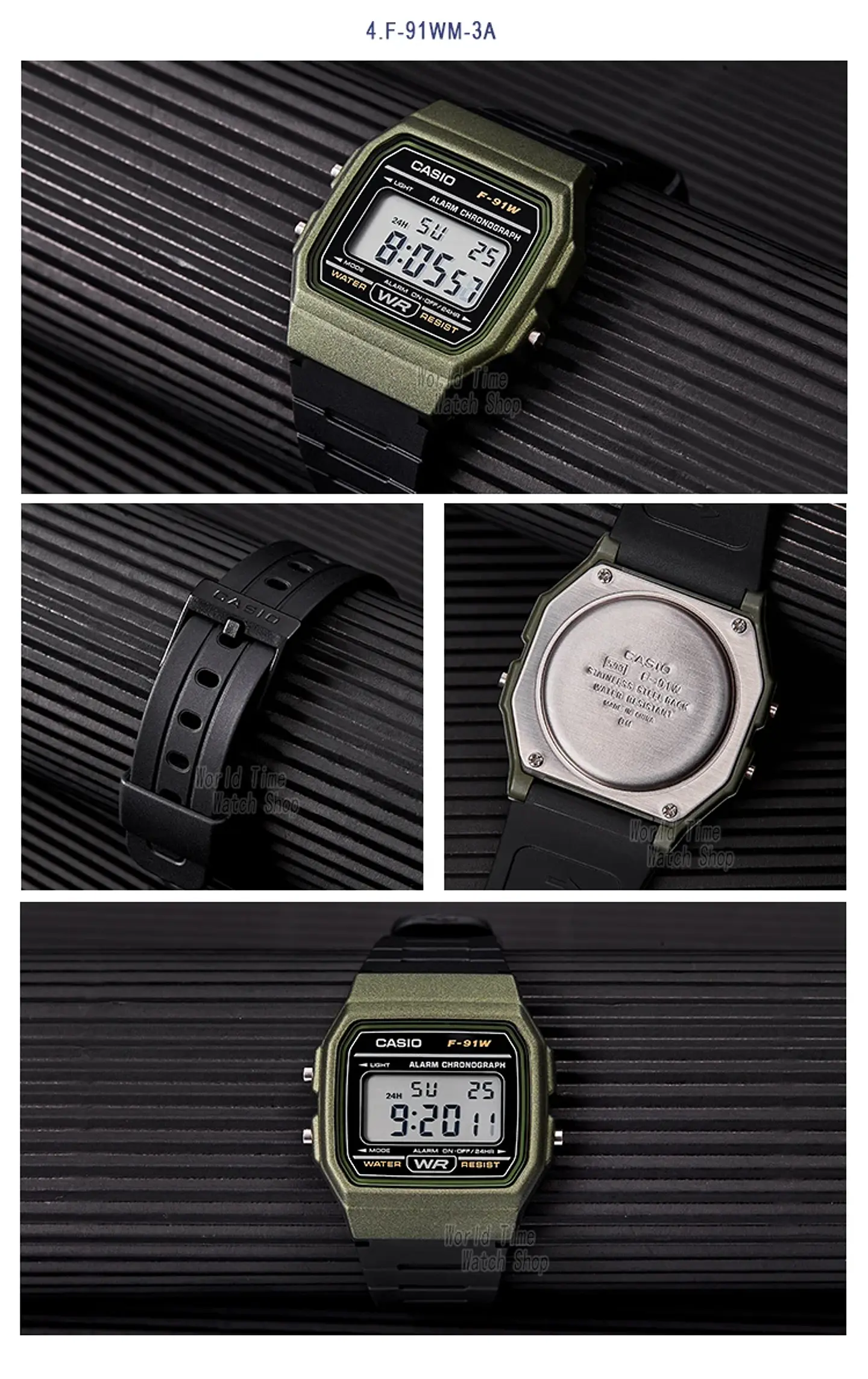 Reloj Casio para hombre, reloj de pulsera digital con correa de resina negra a la moda Retro, modelo F-91WM-3A 10
