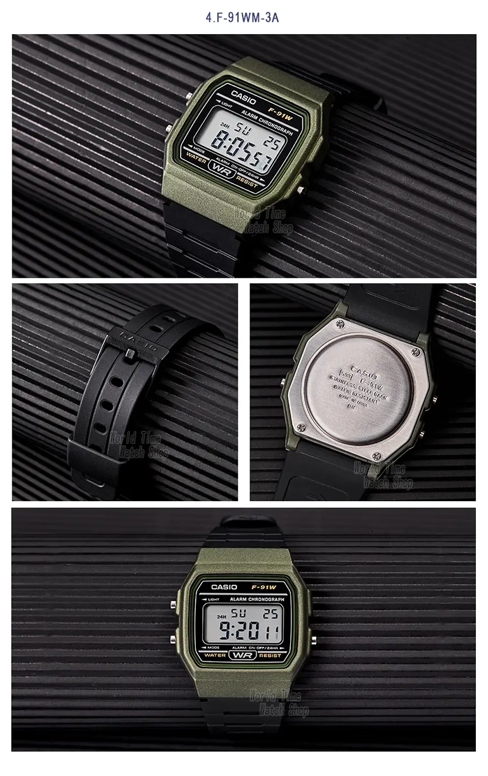 Reloj Casio para hombre, reloj de pulsera digital con correa de resina negra a la moda Retro, modelo F-91WM-3A 10