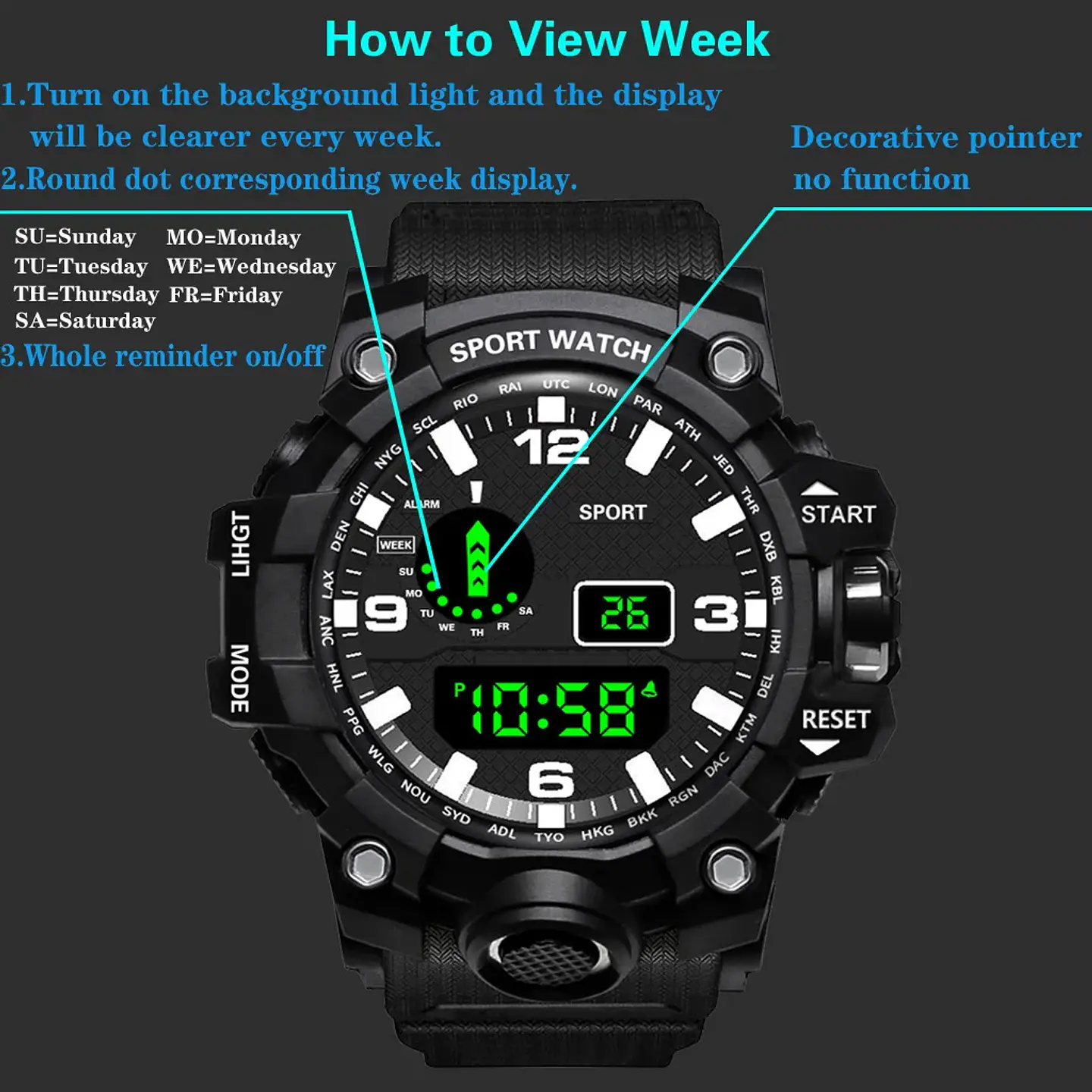 Reloj de pulsera electrónico deportivo a la moda para hombre, Esfera Grande, multifuncional, resistente al agua, alarma luminosa, reloj militar para niños y hombres 18