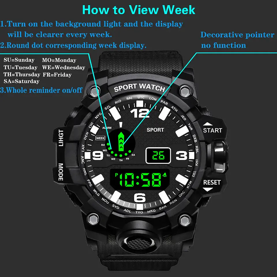 Reloj de pulsera electrónico deportivo a la moda para hombre, Esfera Grande, multifuncional, resistente al agua, alarma luminosa, reloj militar para niños y hombres 18