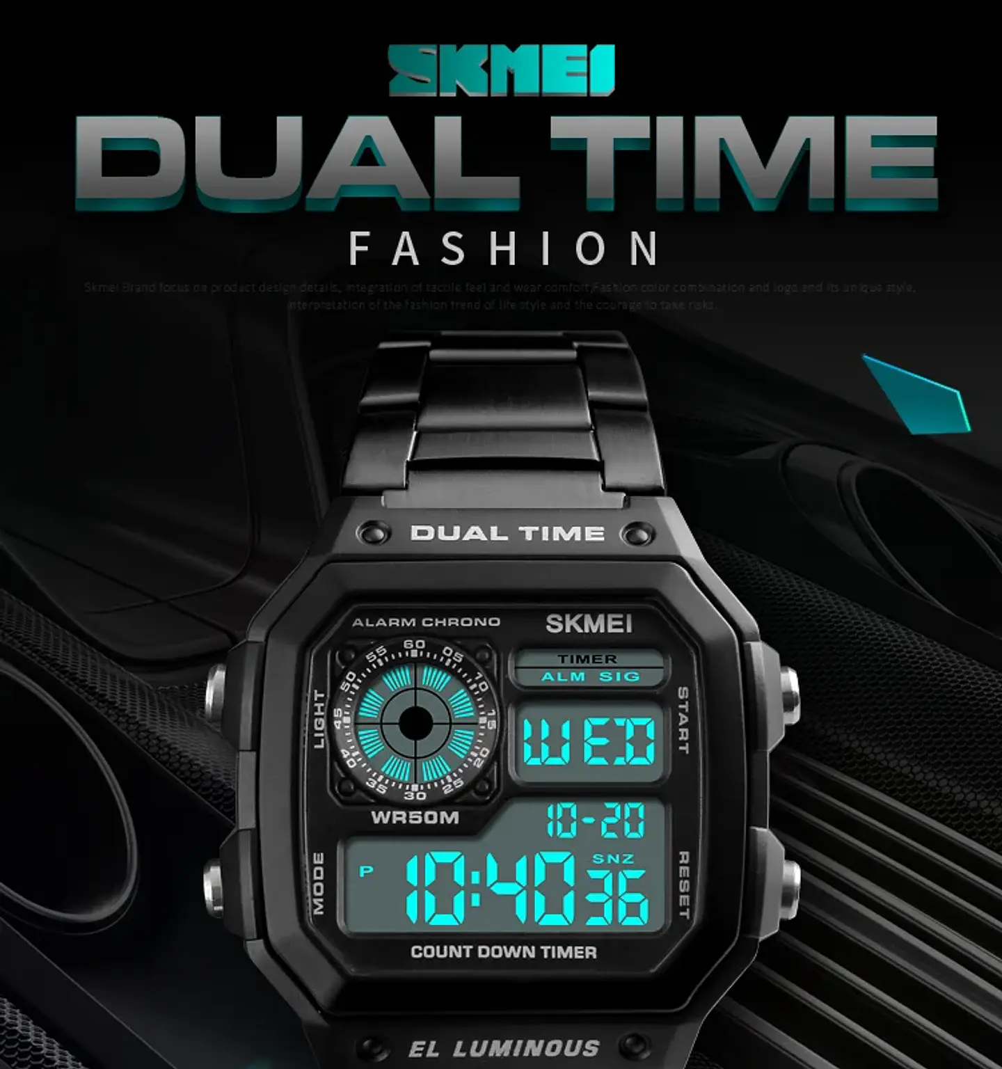 Reloj Digital SKMEI 1335 para Hombre, relojes de pulsera electrónicos cronógrafo impermeables deportivos Retro para Hombre, Reloj de acero inoxidable para Hombre 15