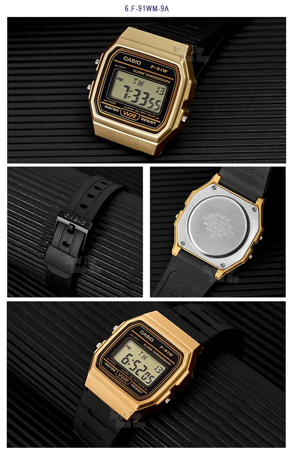 Reloj Casio para hombre, reloj de pulsera digital con correa de resina negra a la moda Retro, modelo F-91WM-3A 11