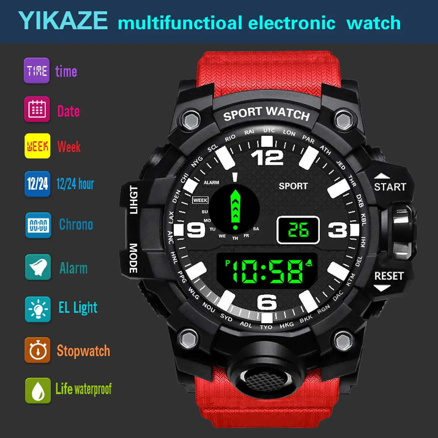 Reloj de pulsera electrónico deportivo a la moda para hombre, Esfera Grande, multifuncional, resistente al agua, alarma luminosa, reloj militar para niños y hombres 19