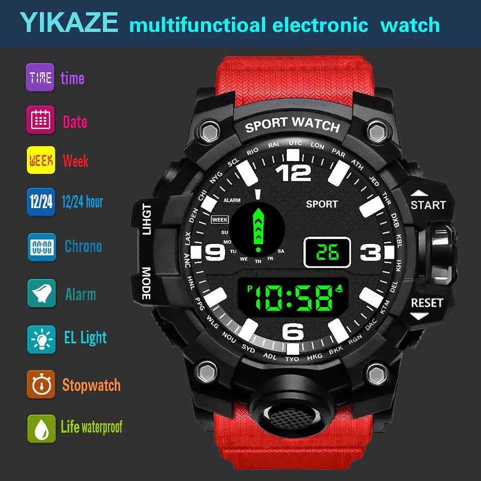Reloj de pulsera electrónico deportivo a la moda para hombre, Esfera Grande, multifuncional, resistente al agua, alarma luminosa, reloj militar para niños y hombres 19