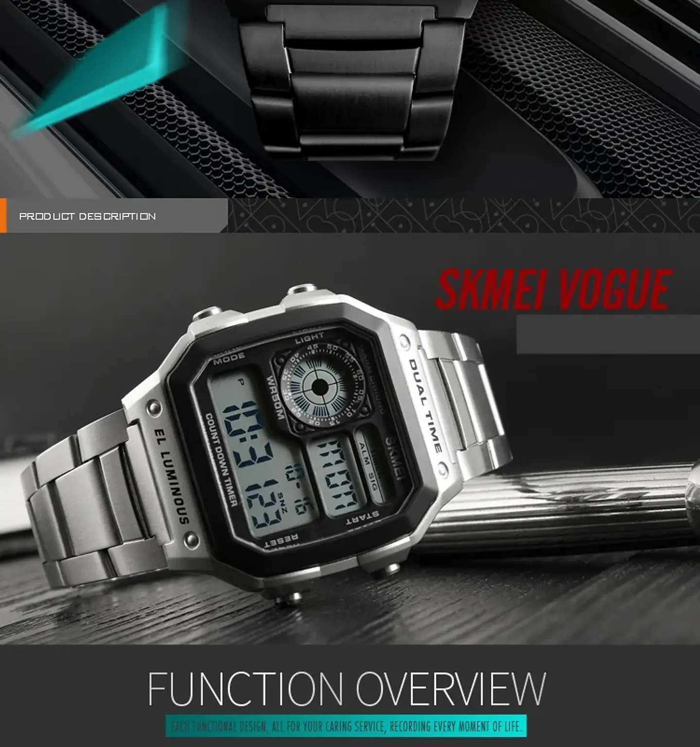Reloj Digital SKMEI 1335 para Hombre, relojes de pulsera electrónicos cronógrafo impermeables deportivos Retro para Hombre, Reloj de acero inoxidable para Hombre 16
