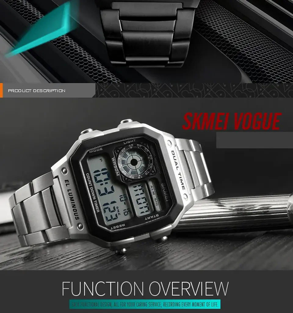 Reloj Digital SKMEI 1335 para Hombre, relojes de pulsera electrónicos cronógrafo impermeables deportivos Retro para Hombre, Reloj de acero inoxidable para Hombre 16